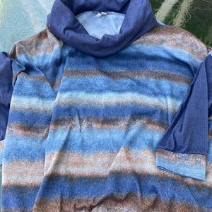 3/$23 CATO Cowl Neck Womens Long sleeve Blue Gold Metallic Side Ties Plus 26/28